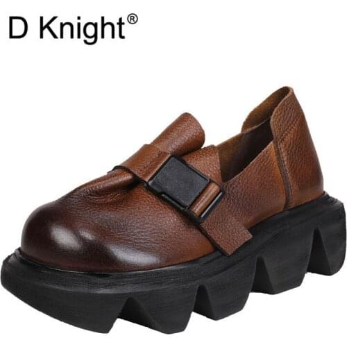 2020 Thick-Soled Platform Wedges High Heel Shoes Women Creepers Retro Genuine Leather Buckle Handmade Pumps Women Harajuku Shoes