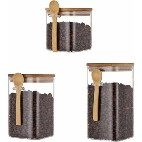 3 Pcs Square Glass Jar with Spoon, Kitchen Storage Bottles Jars Food Container Grains Tea Coffee Beans Grains Jar