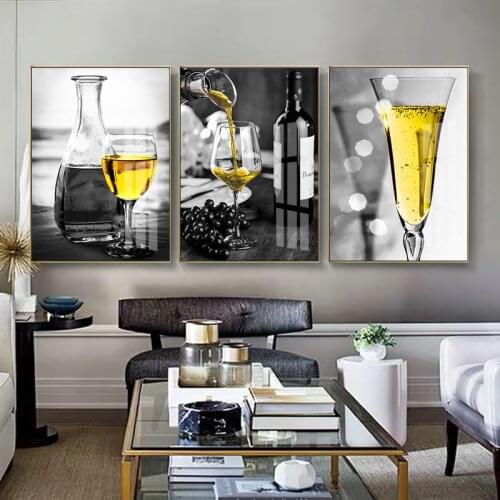 Abstract Poster and Print Black and Yellow Canvas Painting Modern Champagne Goblet for Restaurant Wall Art Pictures Unframed