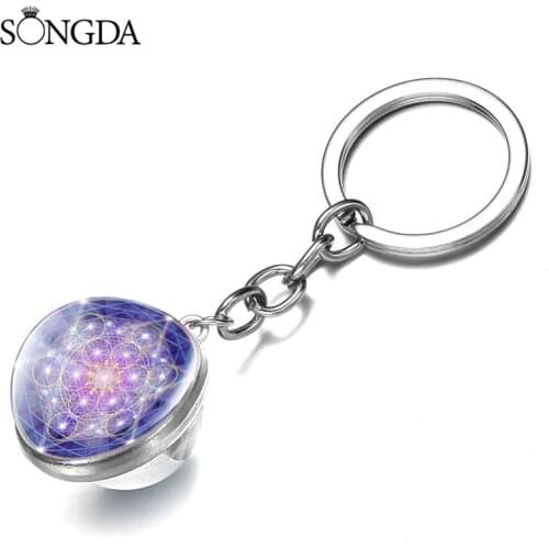 Romantic Metatron Cube Geometry Flower Keychain Charms Magic Hexagram Star Chain Double Sided Glass Dome Key Ring Jewelry