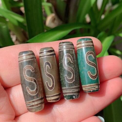 1PC 30mm S Hook Money Natural Tibetan Dzi Agates Beads Reiki Healing Jewelry Vintage Grey Green Agat Stone Beads for Women Men