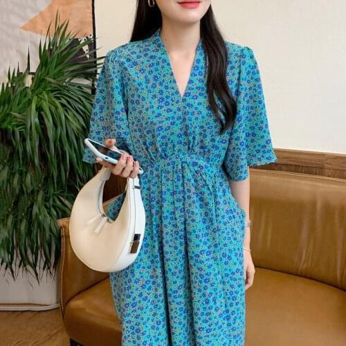 One-Piece Korean Chic WomenS Dress Summer 2021 New French Vintage V-Neck Lace-Up Waist Floral Print Chiffon Casual Long Dresses