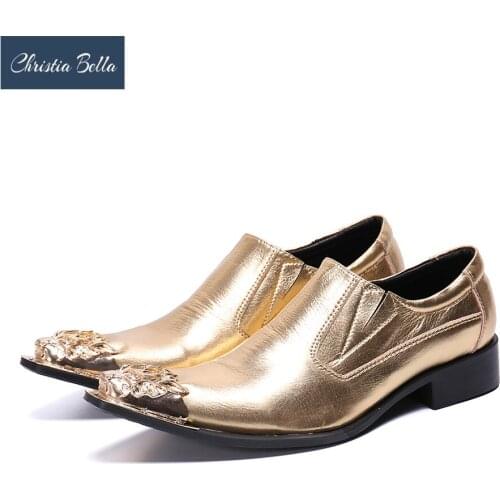 Christia Bella Gold Genuine Leather Men Business Shoes Metal Pointed Toe Wedding Party Men Dress Shoes Plus Size Formal Shoes