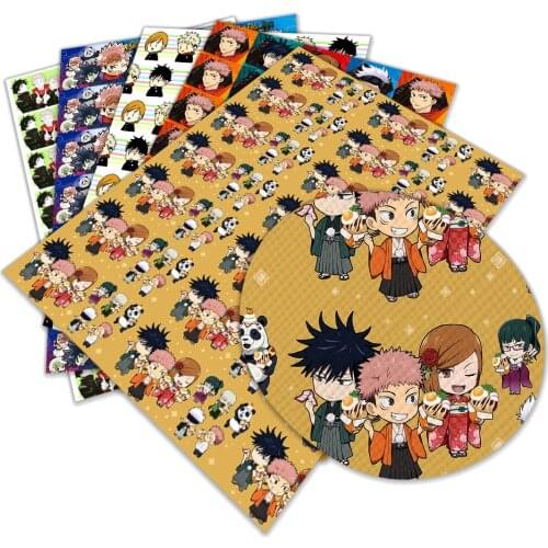 Japan Jujutsu Kaisen Cartoon Printed Faux Leather Sheet Lychee Bottom Synthetic Fabric for DIY Hair Bows Earrings Craft 22*30cm