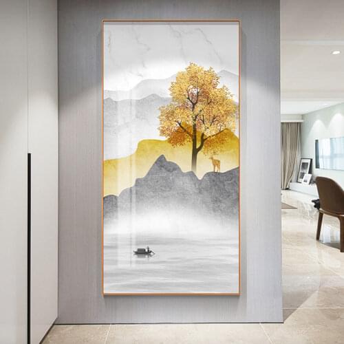 Nodic Canvas Painting Art Decorative Landscape Printing Deer n Tree Besides The Lake Poster Wall Pictures for Living Room Decor