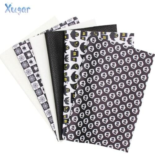 Xugar 22*30cm Synthetic Leather Sheets Halloween Printed Faux Leather for DIY Hair Bow Bags Accessories Handmade Crafts 6pcs/set