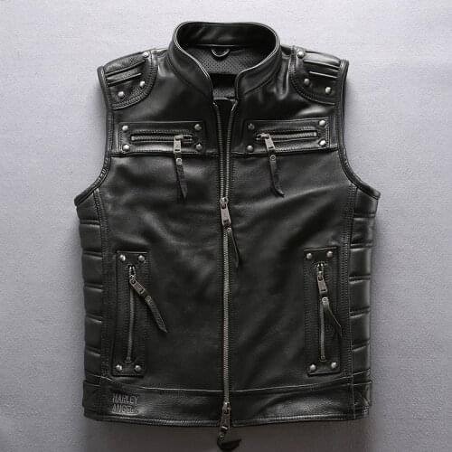 5 days arrival, Mens Professional Motorcycle Biker Sleeveless Jacket Genuine Leather Vest New Rivet Cowskin Black Vest