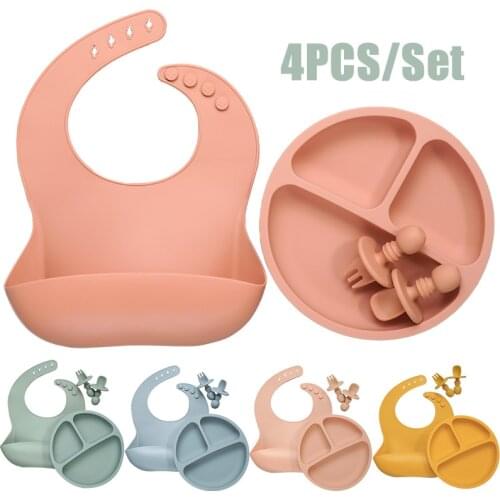 Baby Silicone Tableware Set Infant Solid Color Waterproof Bib Newborn Feeding Burp Cloth Toddler Dinner Plate And Mini Spoon