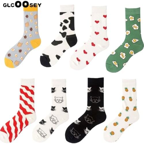 Women Cotton Girl Cartoon Love Heart Stripes Pineapple Cat Arrow Egg Milk Pattern High Socks Street Skateboard Fashion Ladies