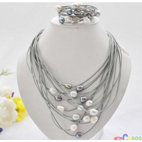 Wholesale 15row 13mm black white gray rice pearl gray leather necklace bracelet