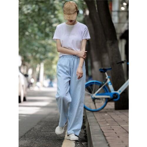 Autumn 2020 light blue cotton leisure pants straight pants elastic waist drawstring show high show thin jeans women 0611