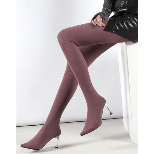 Sexy Stretch Fabric Socks Boots Woman Bling Plated High Heel Fashion One Piece Pants Boots Pointed toe SlimThigh Street Boots