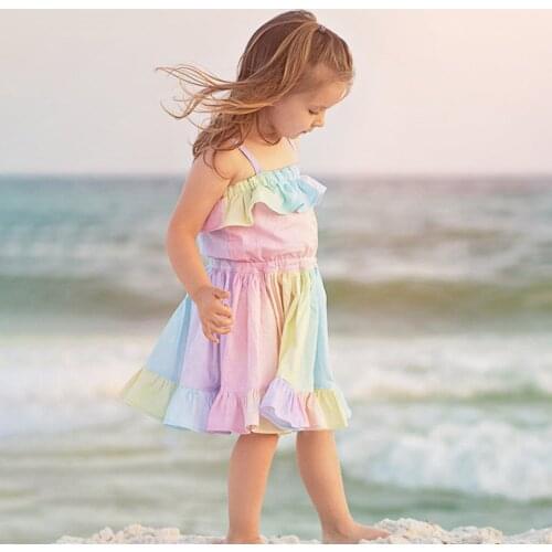 Newborn Kids Baby Girls Dress Sleeveless Ruffles Rainbow Beach Suspender Dress Patchwork Multicolor Dresses 6 9 12 18 24 Months