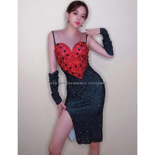 Latin Slip Dress Braces Skirt Adult Girls Rhinstone Dance Modern Dance Practice Costumes Built In Shelf Bra Team Compet