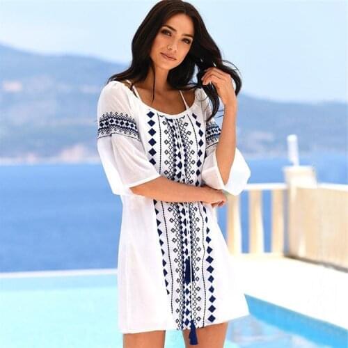Print Tunic Beach dress Saida de Praia Cotton Beach Cover up Beach Pareos de Playa Mujer Bikini Cover up Swimsuit cover up #Q753