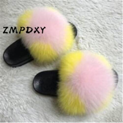 Childrens/Kids Raccoon Fur Slides Women Real Fox Fur Slippers Indoor Plush Shoes Ladies Fluffy Sandals Female Furry Flip Flops