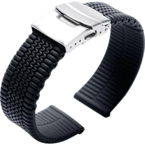 Bracelet Sport Rubber Tire Link Waterproof Watchband Fold Over Clasp With Safety Black Silicone Watch Strap Band + 2 Spring Bars