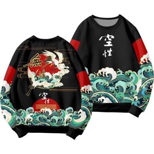 Crane Wave Printed Autumn Couple Men Women Casual O-Neck Pullover Sweatshirts Hoodie Harajuku Sweatwear Oversize 6XL
