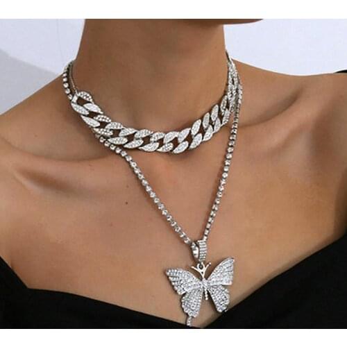 Women Fashion Punk Style Rhinestone Butterfly Pendant Chain Necklace Jewelry