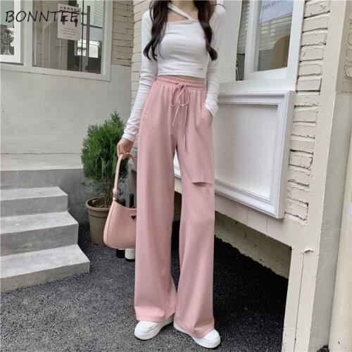 Pink Pants Women High Waist Hole Leisure Summer Wide Leg Korean Drawstring Pantalones Streetwear Fashion Sweet Trousers College
