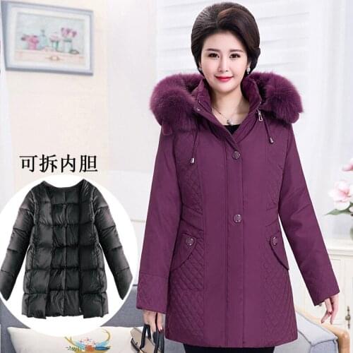 Detachable liner the middle-aged down jacket Women long style fur collar hooded thick big yards keep warm winter coat