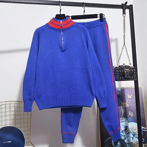 2020 Spring New Women Hit color Stand collar Fashion Knitted Sweater Tops + Casual Pants Two Piece Set Women Clothing Tide D3607