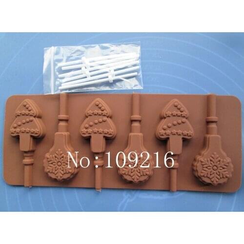 1pcs 6-Smiling Snow&Christmas Tree Lollipop 100% Food Grade Silicone Chocolate/Jelly/Pudding/Ice/Candy DIY Mold