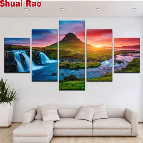 5 panel diamond painting Tgrassland sunset waterfall landscape group Full Drill embroidery cross stitch mosaic picture
