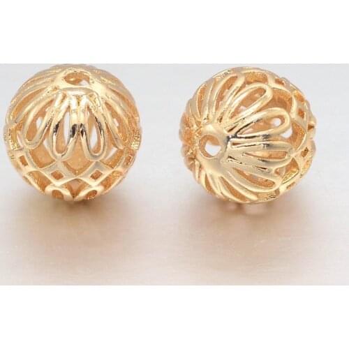 50pcs Brass Hollow Filigree Beads Round 12mm for jewelry making DIY bracelet necklace accessories Decorate Hole: 2mm