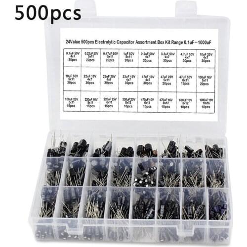 500PCS Electrolytic Capacitors Kit with Assortment Box 0.1UF-1000UF 24 Values 16V-50V Aluminum Passive Components Supply