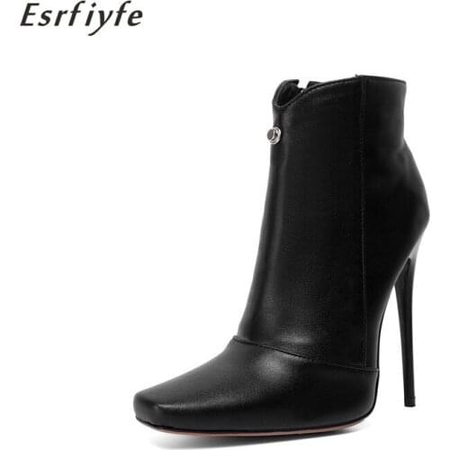 ESRFIYFE Black Ankle Boots Autumn Square Toe High Heel Female PU Leather Boots Ladies Casual Women Shoes New Fashion Woman Boots