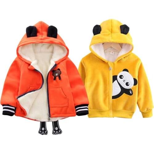Children Autumn Winter Plus Velvet Jacket Baby Cartoon Hooded Outer Kid Boy Fashion Cotton Clothes Newborn Girl Casual Top Coat