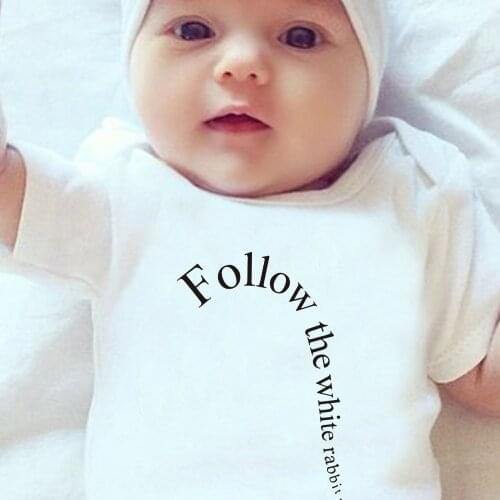 Baby Romper Follow The White Rabbit Print Fashion Newborn Clothes Alice In Wonderland Graphic Toddler Bodysuits,Drop Ship