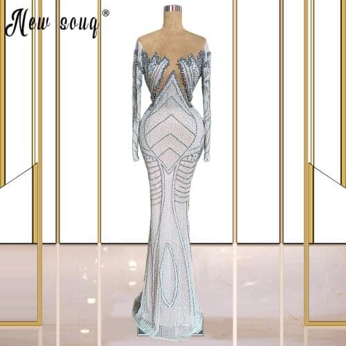 Haute Couture Long Sleeve Mermaid Beads Prom Dresses Unique Design Muslim Sparkly Celebrity Dresses Islamic Turkish Pageant