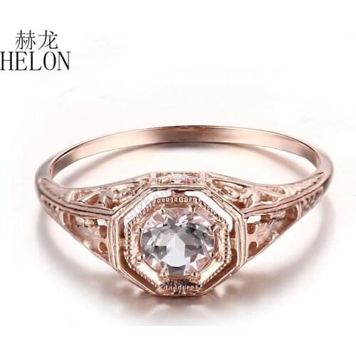 HELON Solid 14K Rose Gold 4.5m Round Natural Morganite Women Gemstone Unique Vintage Fine Jewelry Gift Engagement Wedding Ring