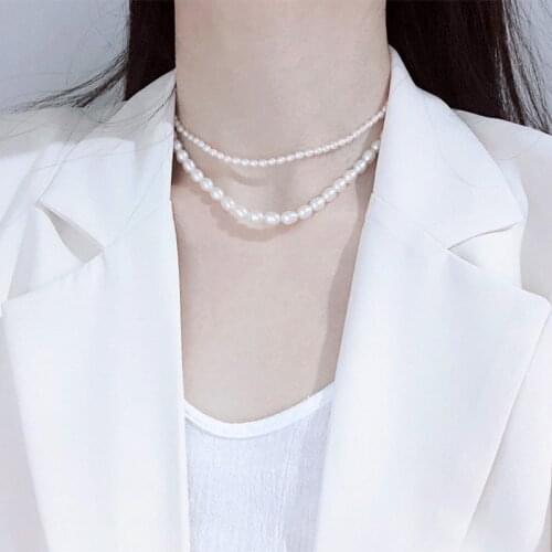 Liemjee Fashion Personality Party Jewelry Double Rice-Shaped Pearls Necklace For Women Feature Namour Charm Gift All Seasons