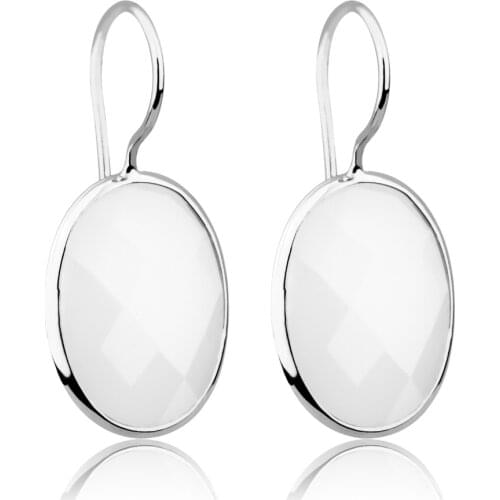 MetJakt Fashion Classic Oval-shaped White Agate Earrings Solid 925 Sterling Silver Hook Earrings for Women Wedding Party Jewelry