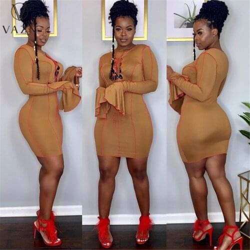 VAZN2021 Spring and Autumn Europe and the United States Sexy Slim Line Hollow Horn Long Sleeve Dress Women