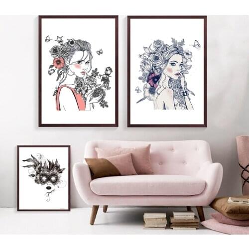 Portrait Of Young Beautiful Woman With Flowers Art Print Poster Wall Pictures ,Girl Hair Flowers Canvas Painting Home Decoration