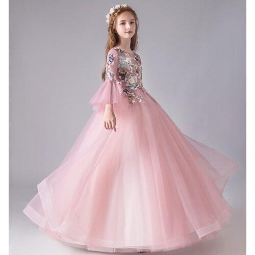 Appliques Pink Tulle Flower Girl Dress For Wedding Party Dress Flare Sleeve Princess Birthday Prom Gown First Communion Dresses