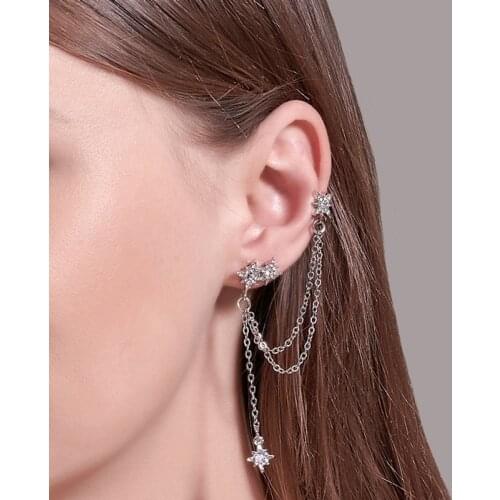 Rhinestone Star Ear Cartilage Clips Studs Earrings for Women Cool Gold Silver Color Tassel Chains Earring Piercing Ear Cuffs