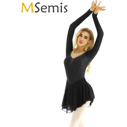 Adult Shiny Rhinestones Long Sleeve Mesh Splice Ballet Gymnastics Leotard Women Figure Skating Dress Competition Dance Costumes