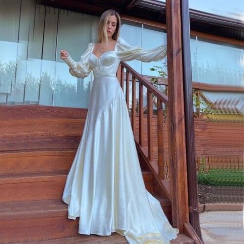 YiMinpwp Ivory Prom Dresses Sweet Heart Puff Sleeve Sweep Train Satin Like Silk Formal Women Evening Party Dress Vestidos