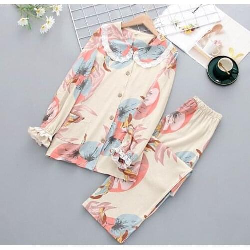 Spring autumn ladies home clothes new print winter pajamas women sleepwear set loose sweet doll collar nightwear pijama mujer