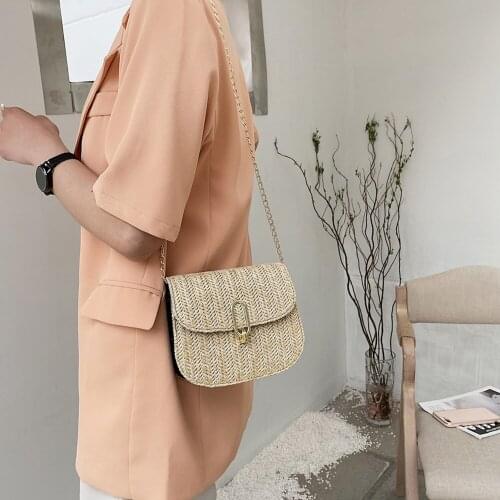 Retro Womens Bag PU Leather Shoulder Straw Woven Patchwork Pure Color Chain Crossbody Messenger Bag Female Shopper Makeup totes