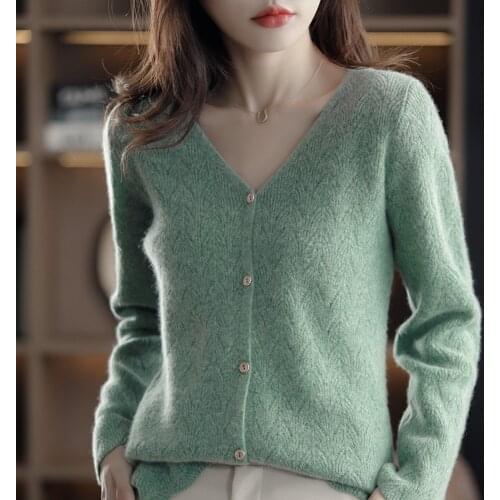 2021 Autumn and Winter New Cashmere Sweater Woman 100% Pure wool V-neck Cardigan Casual Korean Fashion Knit Top Plus Size Jacket