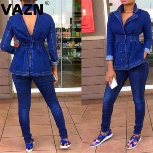 VAZN Autumn Backless V-neck Blue Casual Tracksuit for Women 2020 Set full sleeve 2 Piece Sets Night Club Young Lady Sport Sets