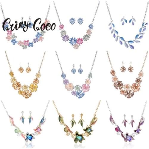 Cring Coco Magnolia Flower Jewelry Sets Fashion Resign Daisy Pendant Necklaces Blue Enamel Chains Necklace Earrings for Women