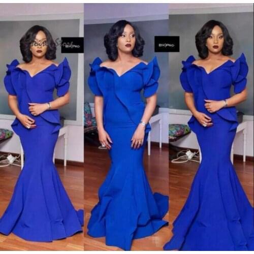Royal Blue Mermaid Prom Dresses 2020 For African Black Girls Plus Size Long Evening Dress With Sleeves Ruffles Satin Cheap Gowns