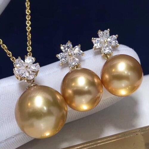 1028 Fine Jewelry 18K Gold Natural Ocean Golden Pearl 8-12mm Females Jewelry Sets for Women FIne Jewelry Sets